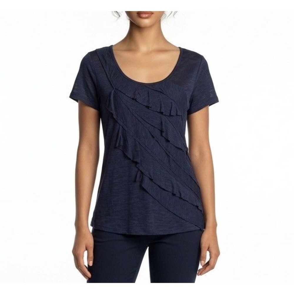 Women’s Navy Blue Ruffle Top Size M 10-12 Coldwater Creek Shorts Sleeve Blouse